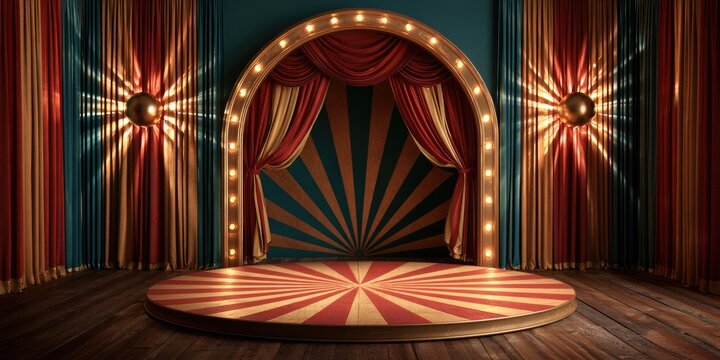 A circular stage with a radiating pattern sits before a curtained proscenium arch