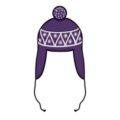 Stylish purple knitted winter hat featuring ear flaps, a fluffy pom-pom, and a decorative Nordic-style snowflake pattern. Perfect for Christmas designs, winter fashion concepts, holiday decorations