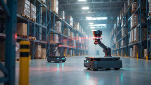 Automated robots with advanced scanning technology efficiently navigate a modern logistics warehouse, streamlining inventory and supply chain operations