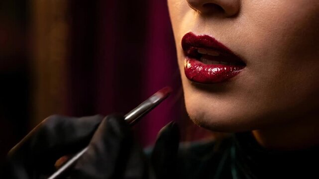 Close up of a glamorous makeup application showcasing beautifully enhanced lips with a vibrant glossy red lipstick