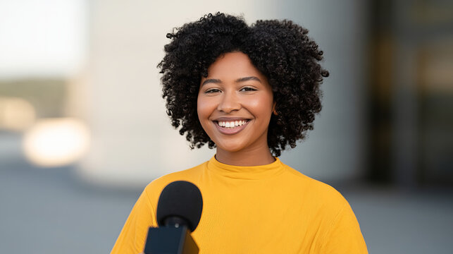 Young Black woman smiling while holding microphone outdoors  
