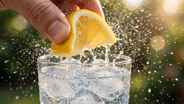 Hand squeezing fresh lemon wedge into glass filled with sparkling water with over glass bubbling water ice cubes captures hand lemon slice with refreshment