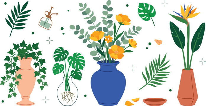 Botanical home decor collection featuring monstera, eucalyptus, ivy, bird of paradise, floral bouquet, and decorative indoor plants flat vector illustration