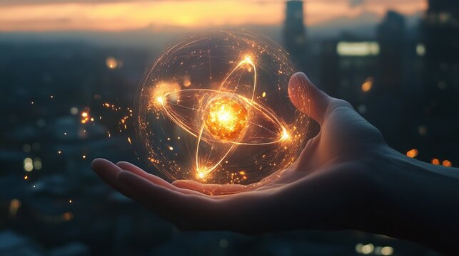 A human hand gently cradles a glowing orb containing a miniature city skyline, symbolizing innovation, technology, and the future of urban development
