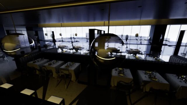 Moody airport lounge bar at dusk with panoramic tarmac view, globe lights, reflective counters, silhouetted travelers checking phones, row of stools, low warm