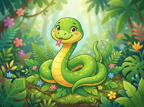 Cute green snake with a happy smile sitting in a vibrant tropical jungle forest with colorful flowers and bright sunlight