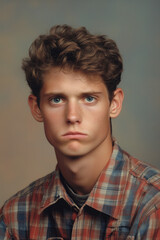 Fototapeta premium people of ai, yearbook photography of a person with short curly dark-brown hair, sad pout, wearing red-and-blue plaid shirt, 1980s portrait yellow, photorealistic