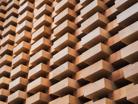 Wooden block Wall design Geometric pattern Natural color Architecture details