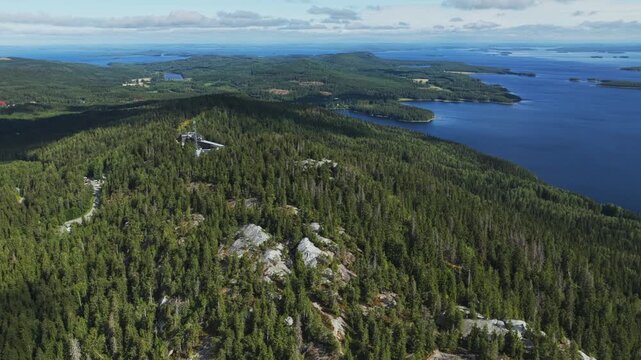 Aerial view of Koli National Park with dense coniferous forests, rocky terrain, and the expansive Lake Pielinen in Koli, Pohjois-Karjala, Finland.