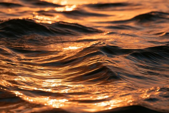 Golden light shimmers and dances across gentle ocean waves at sunset