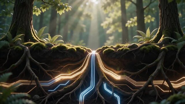 Illuminated tree roots intertwining under a lush forest canopy with beams of sunlight shining through leaves