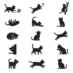 Fototapeta premium Black silhouette of kittens in various poses and activities black silhouettes animals