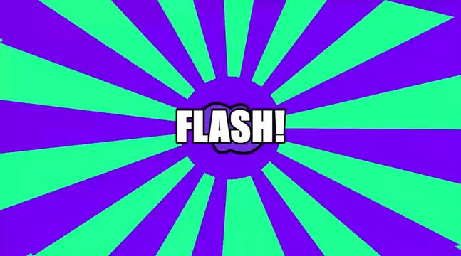 Colorful comic book explosion burst, badge with FLASH text and dynamic sunburst background. Retro pop art animation