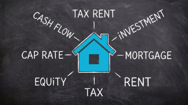 Real estate investment property concept with house icon and related terms on a dark chalk board.