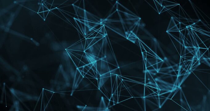 Abstract futuristic geometric network of interconnected nodes glowing with blue light against deep space backdrop