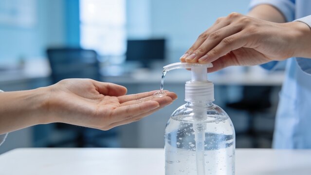 Generative AI depicts a healthcare professional dispensing hand sanitizer in a clinical setting