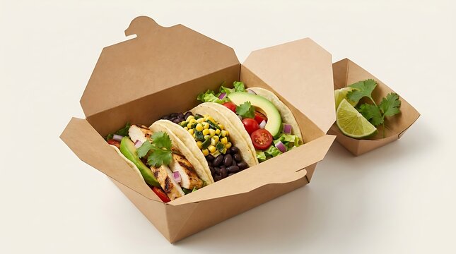 Fresh delicious tacos with grilled chicken avocado and corn in a cardboard takeout box with lime wedges for a quick healthy lunch delivery meal. mexican food boxes3