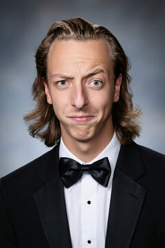 people of ai, yearbook photography of a person with slicked-back brown mullet, smug puckered lips, wearing black tuxedo, 1980s portrait blue, photorealistic DOC