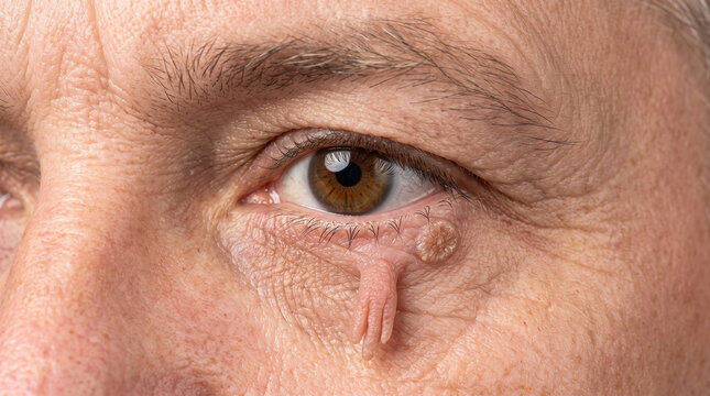 Dangling, finger-like filiform warts hanging below the lower eyelid on wrinkled aged skin - Filiform Verruca Vulgaris Pedunculated Warts 