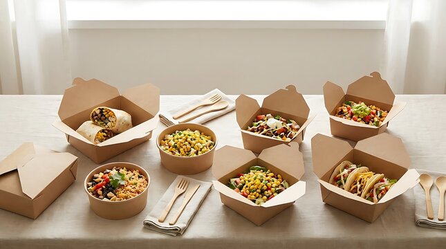 A variety of delicious fast food meals served in eco friendly brown paper take away containers on a table for a group lunch or delivery catering