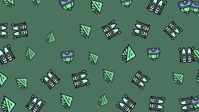 Seamless Animated Ski Gear and Pine Tree Pattern on Green