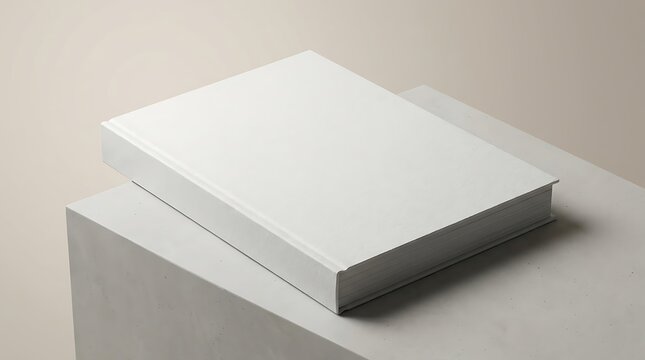 Blank white hardcover book mockup resting on a modern concrete pedestal for professional branding and creative design presentation or editorial project. magazine mockup psd