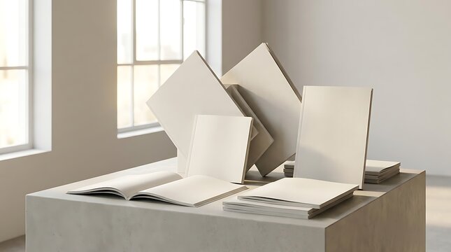 Blank paper books and notebooks stacked on a display table in a bright modern room with natural light coming through large windows for mockup design. magazine mockup psd