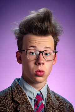 people of ai, yearbook photography of a person with tall dark-brown pompadour, puckered lips, wearing brown plaid blazer, 1980s portrait light-pink, photorealistic
