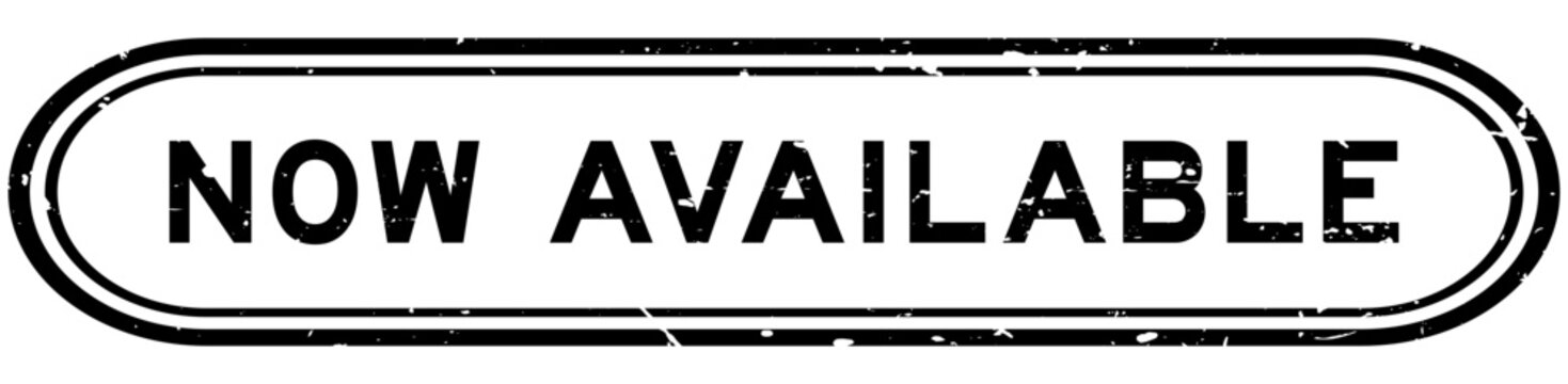 Grunge black now available word rubber seal stamp on white background