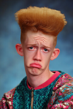 people of ai, yearbook photography of a person with tall orange flat-top, exaggerated sad pout, wearing multicolor patterned sweater, 1980s portrait brown, photorealistic