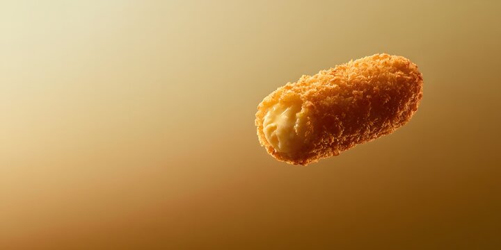 Golden crispy breaded potato croquette or cheese stick levitating on a warm blurred background. Delicious fast food snack, fried appetizer, crisp texture, and gourmet street food concept.