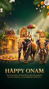 Happy onam festival poster with traditional decorated elephants with caparisoned elephants