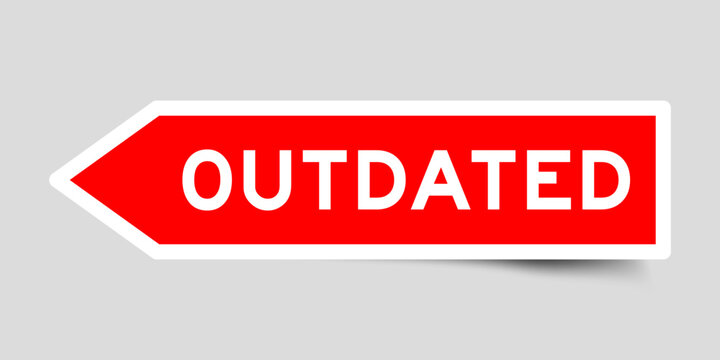 Red color arrow shape sticker label with word outdated on gray background