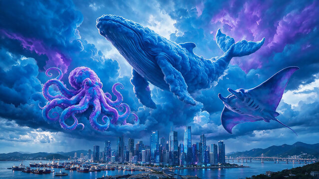 Storm clouds form vivid electric blue whale and octopus shapes above a real landscape &mdash; the sky itself becomes a living ocean. Ideal for surreal art, dramatic editorial, and fantasy design.