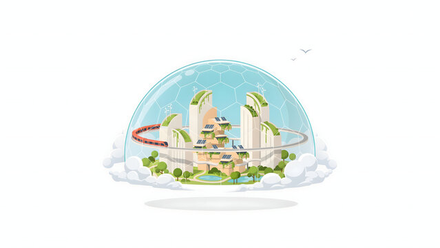 Futuristic eco city inside a glass dome with monorail isolated on transparent background