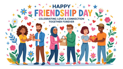 Fototapeta premium Friendship Greeting Card design featuring diverse people exchanging gifts with floral illustration