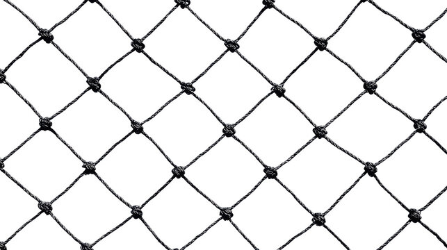 Black knotted rope fishing net texture diamond mesh pattern seamless background for security fence barrier wallpaper design template isolated on White background