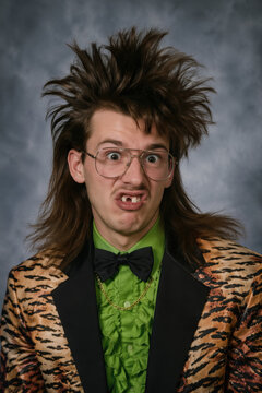 people of ai, yearbook photography of a person with wild spiky dark-brown mullet, goofy toothy grimace, wearing tiger-striped jacket, 1980s portrait charcoal, photorealistic
