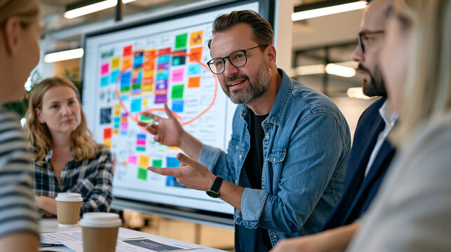 Chief marketing officer reviewing cluttered martech stack diagram on whiteboard in open-plan office, circling redundant tools in frustration, team members studying the same flowchart over coffee cup