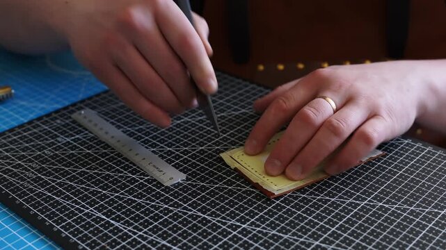Artisan is slicing through a raw cowhide along a paper template with a professional leatherworking blade. Close-up of Hands Cutting Leather with a Knife 4k video