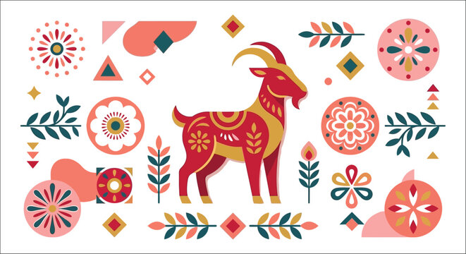 Red goat illustration with floral ornaments and geometric shapes on a white background caprine animal livestock