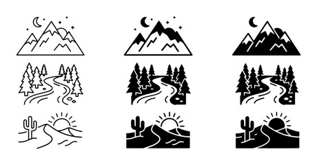 Fototapeta premium Minimalist Mountain and Desert Landscape Icons, Nature Scene Vector Graphics, Outdoor Adventure Symbols