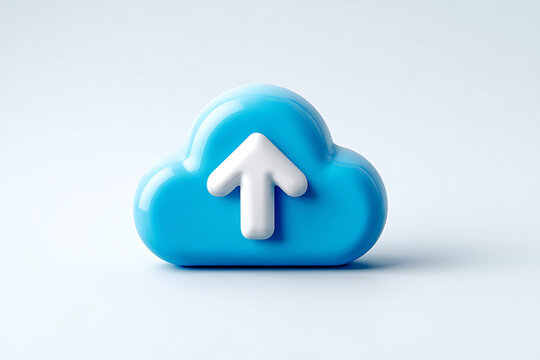 Stylized blue cloud icon with upward arrow, digital upload symbol for web design, modern graphic element.