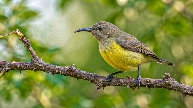 Female Olive-backed Sunbird Perched on Thorny Branch Macro Photograph