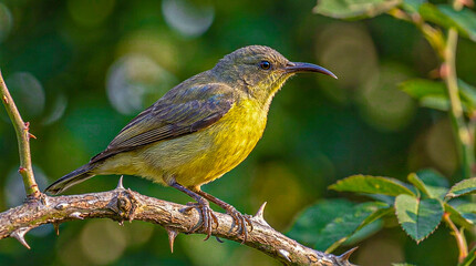Fototapeta premium Female Olive-backed Sunbird Perched on Thorny Branch Macro Photograph