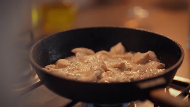 In home kitchen on a gas stove, a pan of chicken sizzles, pieces turning golden as they stew. The close-up captures the meat's texture, steam rising, highlighting the cooking process and savory aroma