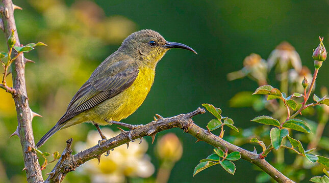 Female Olive-backed Sunbird Perched on Thorny Branch Macro Photograph