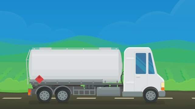 Animated tanker truck driving on highway representing fuel logistics, liquid freight transportation, energy supply, and distribution. (loopable)