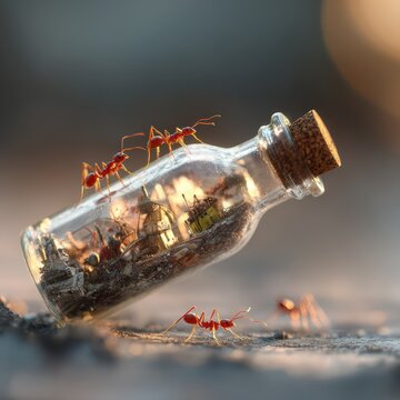 Ant colony cooperating to transport a glass bottle, unity and persistence metaphor, ultra-detailed macro shot