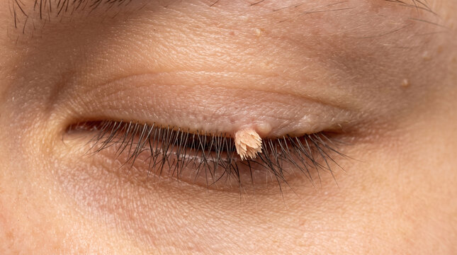 Small frond-tipped filiform wart perched on the upper eyelid - Filiform Verruca Vulgaris Wart on Upper Eyelid 
